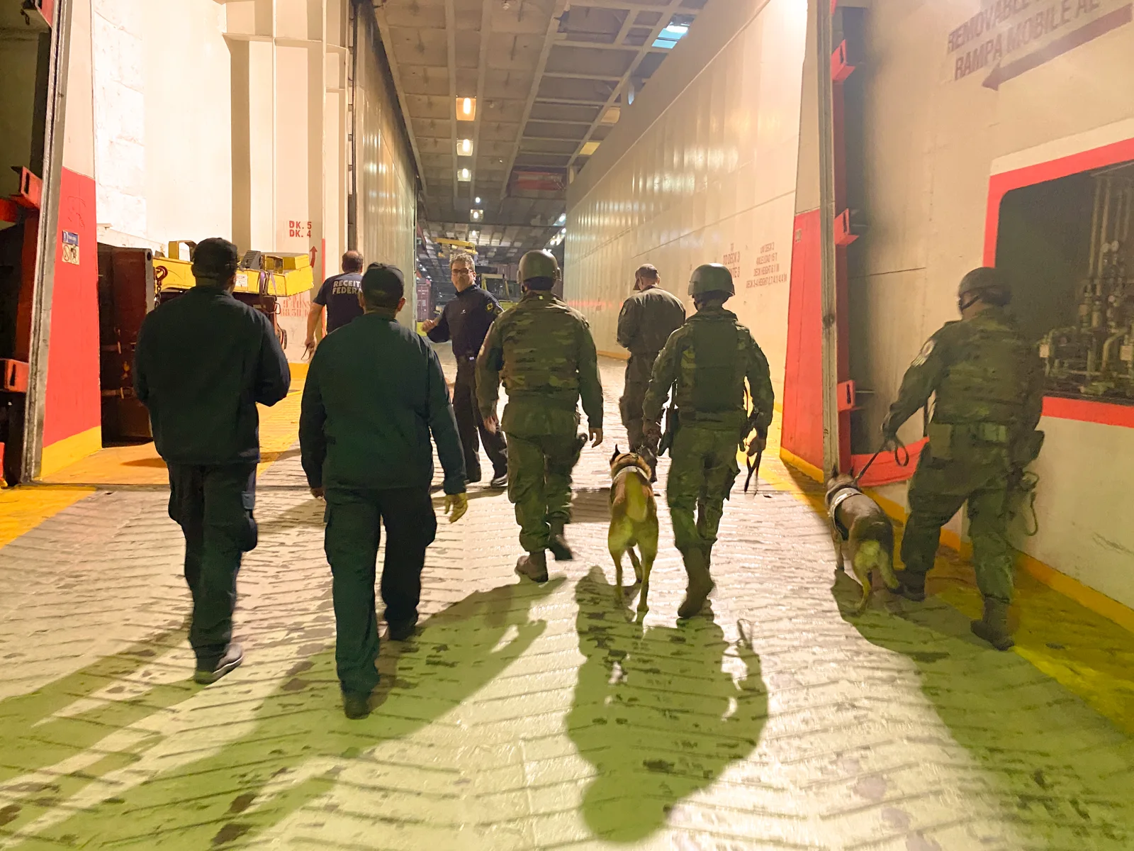 Equipe uniformizada e cães em corredor de inspeção durante a Operação Lais de Guia