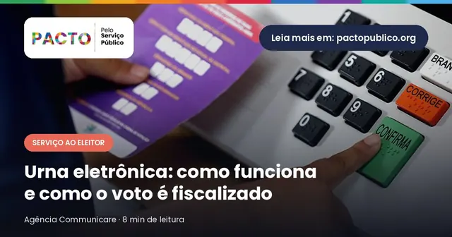 Mão de eleitor aperta a tecla Confirma da urna eletrônica segurando uma colinha em papel